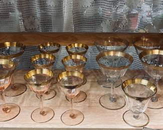 Tiffin Pink Depression glass Gold Rim Rambler Rose Champagne Glasses - 