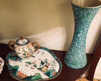 Vintage Atomic Mid Century Teal Aqua Vase with White Textured Speckles. CROWN STAFFORDSHIRE CHINA 