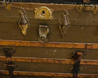 Antique Flat Top Wood Slat Brown Steamer Trunk.