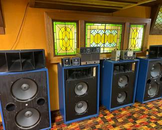 Overview basement electronic area - speakers, receivers, CD players, albums, CD's and video equipment