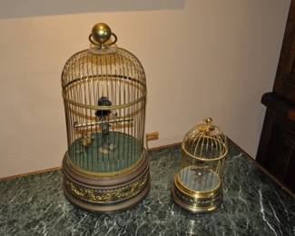19th Century marble top library table with antique music playing bird cages