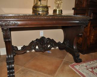 19th Century marble top library table with antique music playing bird cages