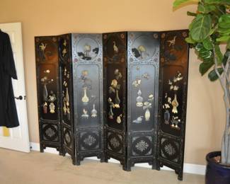 Antique 6 panel folding Chinese screen - Qing period. Size: 6' tall x 8 ' wide. Lacquer & precious stones.