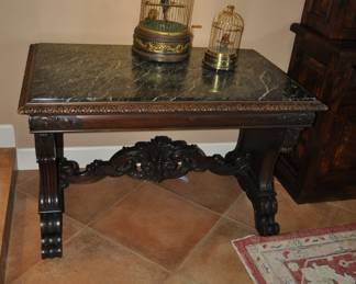 19th Century marble top library table with antique music playing bird cages