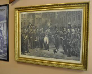 Original 19th Century print - Adieux de Fontainebleau 20 April 1814 - Signed lowered left: H'ce Vernet - Pinx . Printed lower right : Horace Vernet 1823. Jazet Sculpt. - Approx. size: 32" tall x 42" wide.