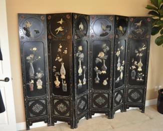Antique 6 panel folding Chinese screen - Qing period. Size: 6' tall x 8 ' wide. Lacquer & precious stones.