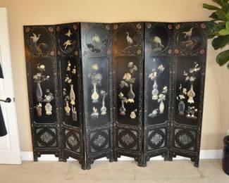 Antique 6 panel folding Chinese screen - Qing period. Size: 6' tall x 8 ' wide. Lacquer & precious stones.