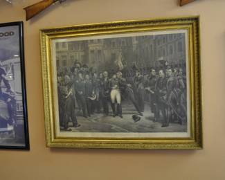 Original 19th Century print - Adieux de Fontainebleau 20 April 1814 - Signed lowered left: H'ce Vernet - Pinx . Printed lower right : Horace Vernet 1823. Approx. size: 32" tall x 42" wide.