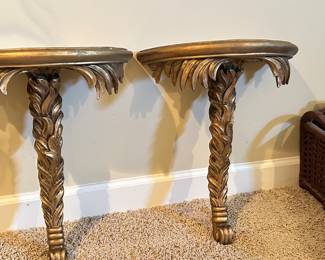 A Pair of Vintage Palm Frond Ornate Gold Gilt Demilune Wall Shelves BUY THE PAIR $50 (16w x 8d x 20h)