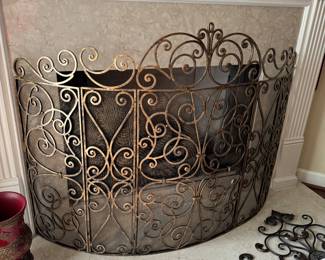 Somerset Manor Scroll Design Fireplace Screen Antique Gold finish with wire mesh protection behind. Total length covered 64"  2 hinges on each side to cut to 40" and 22" Buy it Now $400