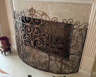 Somerset Manor Scroll Design Fireplace Screen Antique Gold finish with wire mesh protection behind. Total length covered 64"  2 hinges on each side to cut to 40" and 22" Buy it Now $400