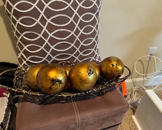Table Decor Basket with Gold Ornamental balls 20"W  BUY IT NOW $8