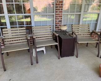 4 wooden and metal patio chairs, flower pots and decor
