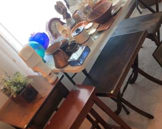 Vintage small/medium tables, bowls, glass, trundle sewing machine drawers