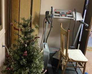 Treadmill (never been used), room dividers, vintage chair, Christmas tree and skirt, box fans, vintage suitcases