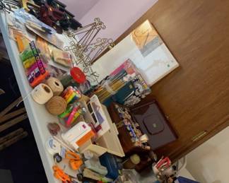 Arts & crafts supplies, vintage sewing box & vintage scissors, regular scissors, buttons, plate holders