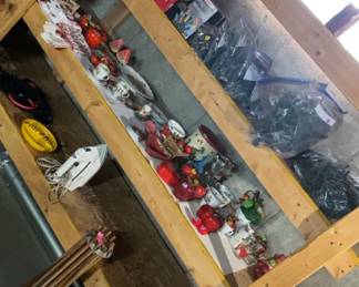 Strawberry kitchen decor, Christmas lights, antique Artmoore Co. folding drying rack, vintage picnic basket