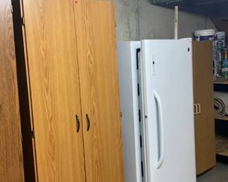 GE upright freezer, storage cabinets