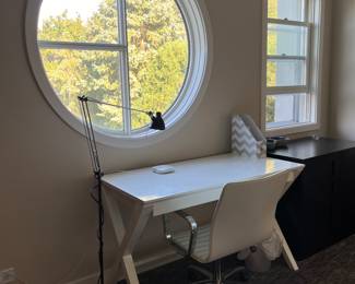 X White desk and leather chair from Crate and Barrel.