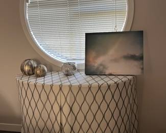 Skirted console table.  Marble and metal table under skirt.
