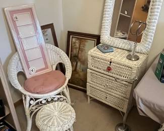 White wicker nightstand, vanity chair, stool and wall mirror
