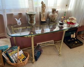 Brass/glass sofa table and decor