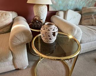 (2) brass/glass side tables