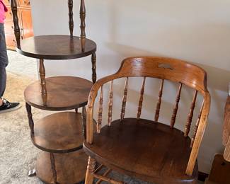Mid Century Plant Stand and Antique Barrel Back Chair 