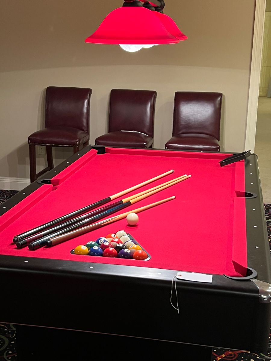 Pool table and equipment and overhead light fixture