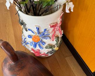 Duck decoy and clay floral art vase