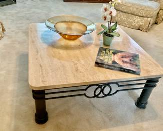 Post Modern Coffee Table with Thick Mable Top on Wrought Iron Base