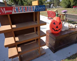MID CENTURY CIGARETTE DISPLAY. CEDAR CHEST & BLOW MOLDS