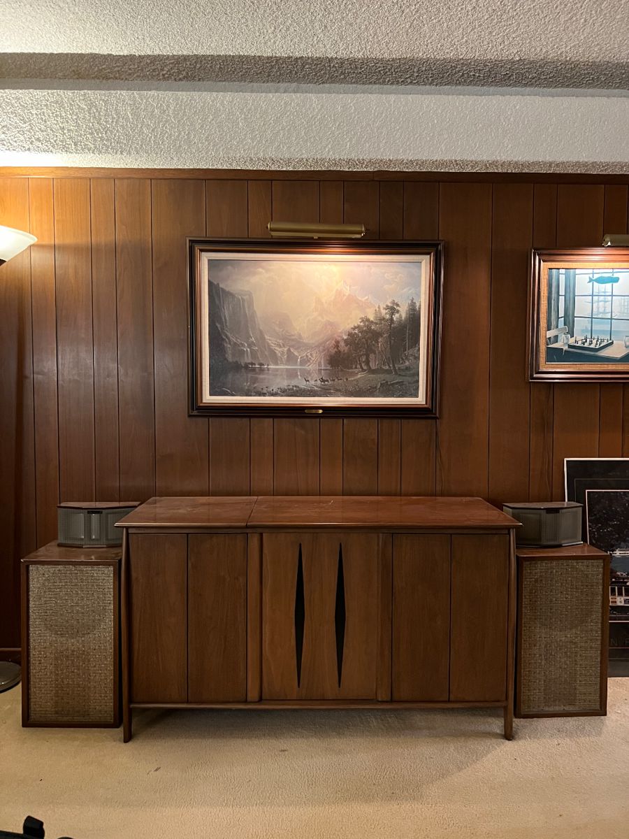 Vintage mid-century modern record cabinet with vintage speakers