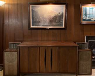 Vintage mid-century modern record cabinet with vintage speakers