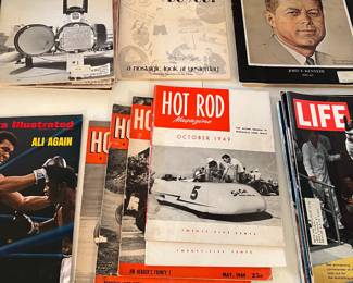 vintage hot rod magazines (1949), vintage aviation week magazines (60s and 70s), vintage sports illustrated, pot and life magazines