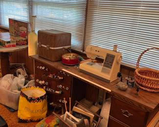 Sewing machine, yarns, knitting tools, etc