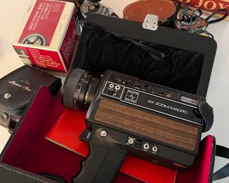 light sensors, vintage 16mm film reels, vintage video camera