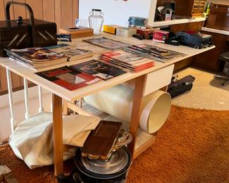 vintage magazines, newspapers, drafting table