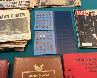 vintage newspapers, stamps, coin collection