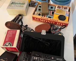 light sensors, vintage 16mm film reels, vintage video camera