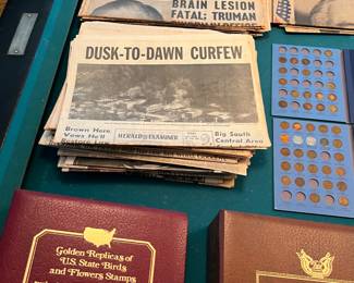 vintage newspapers, stamps, coin collection