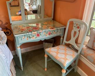 Hand-painted 2-drawer floral table/desk with 3 tiered mirror, and chair