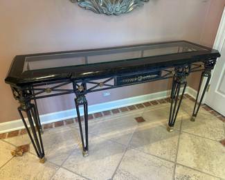 vintage neoclassical iron, marble, and glass console table