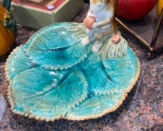 Majolica squirrel nut dish