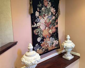 Handmade floral tapestry, cement urns