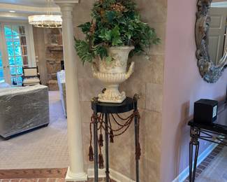 Iron and brass lion head pedestal table by Maitland Smith