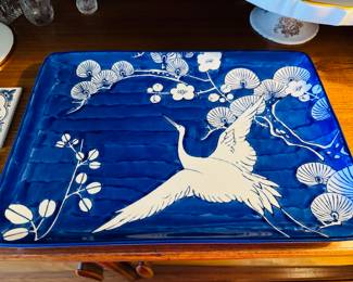 Williams Sonoma Hand painted Japanese platter featuring blue and white crane / Price: $65