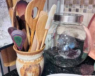 Large round glass canister / Studio pottery vessel / Wooden cooking utensils