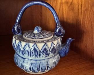 Asian Lotus Leaf Blue and White Porcelain Teapot with fish head handle / Price: $18