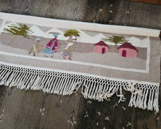 Vintage handmade folk art wool tapestry depicting women and child / Price: $218